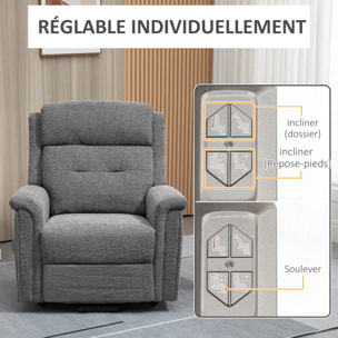 Fauteuil releveur électrique inclinable - repose-pied ajustable - télécommande - Fauteuil de relaxation - tissu polyester aspect lin gris chiné