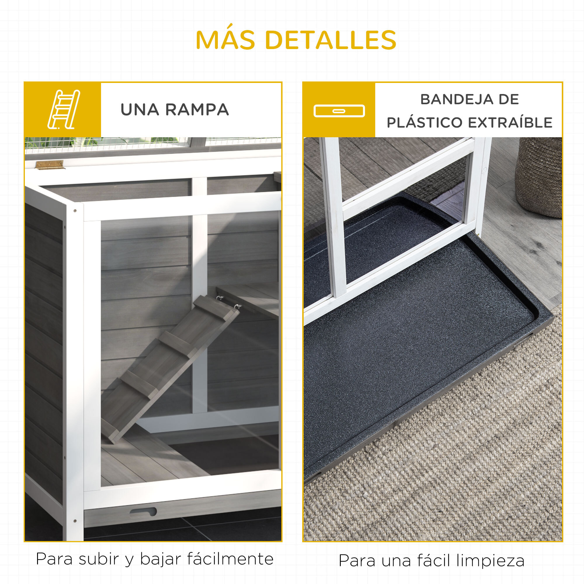 Conejera de Madera con Ruedas 91,5x53,3x73 cm Jaula para Conejos de 2 Niveles con Techo Abatible Bandeja Extraíble y Rampa Gris