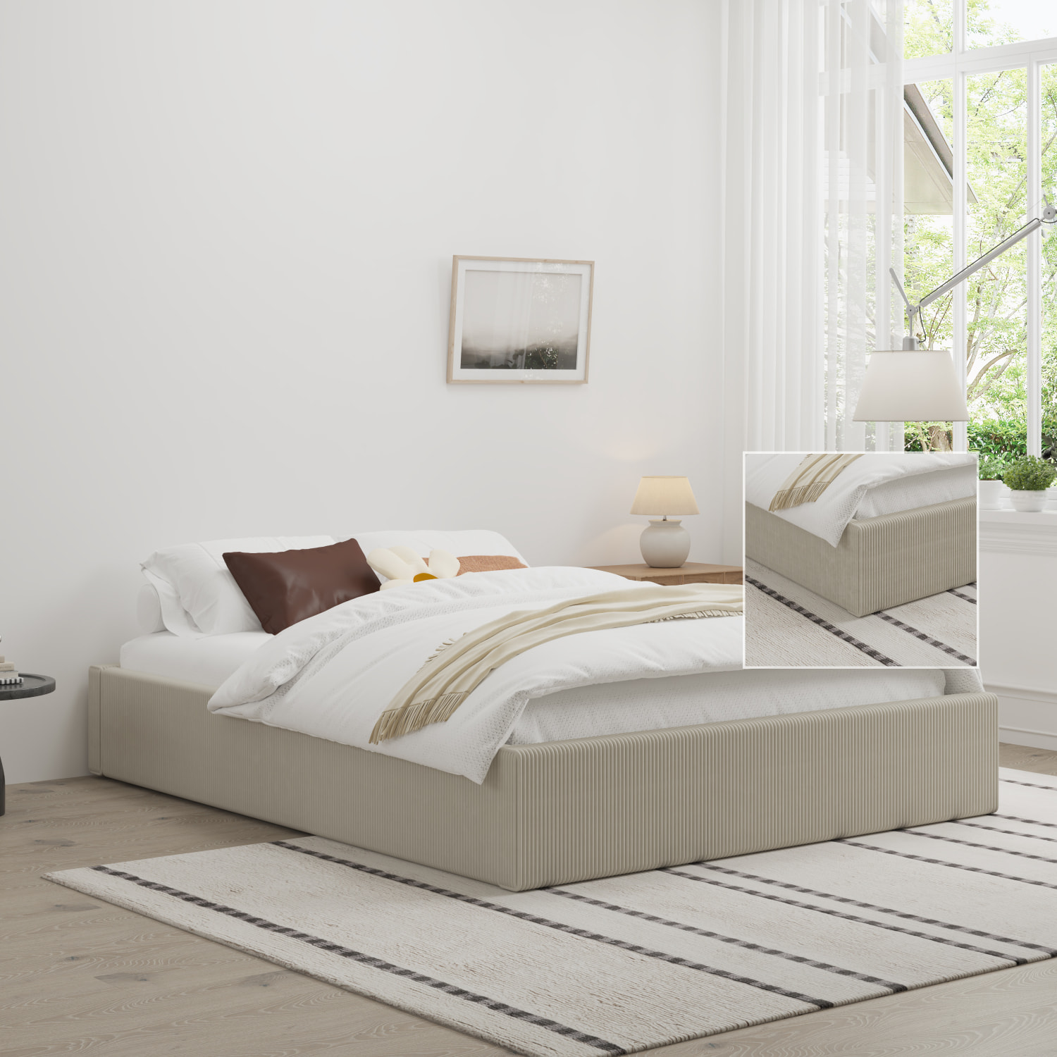 ABATE Lit avec coffre de rangement 140x190cm velours côtelé beige