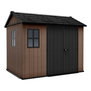 Newton + 759/975 - Casetta da Giardino 287x246z230 cm 2 Ante per deposito attrezzi finitura effetto legno Evotech+ in Resina Marrone e Nero