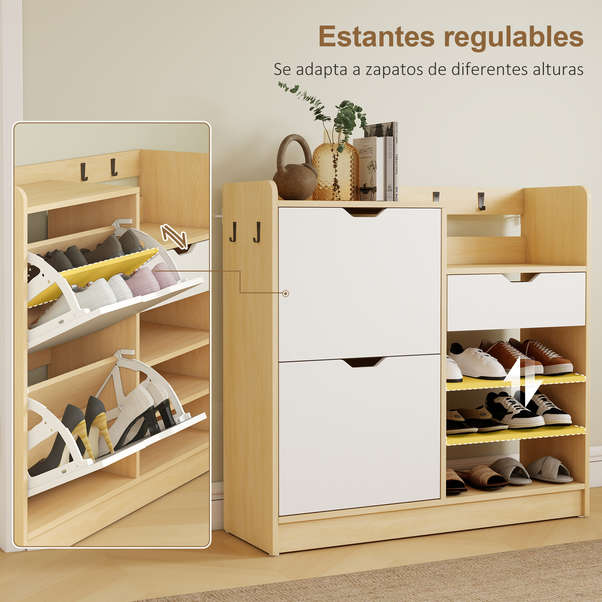 Zapatero Estrecho con 2 Puertas, Zapatero Entrada Recibidor con Estantes Ajustables, Cajón, Estantes Abiertos, 4 Ganchos, para 14 Pares de Zapatos, 93x30x90 cm, Natural y Blanco