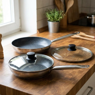 Set de 2 Poêles céramique sans PFAS et 2 couvercles en verre Profi Therm Platinum Elo