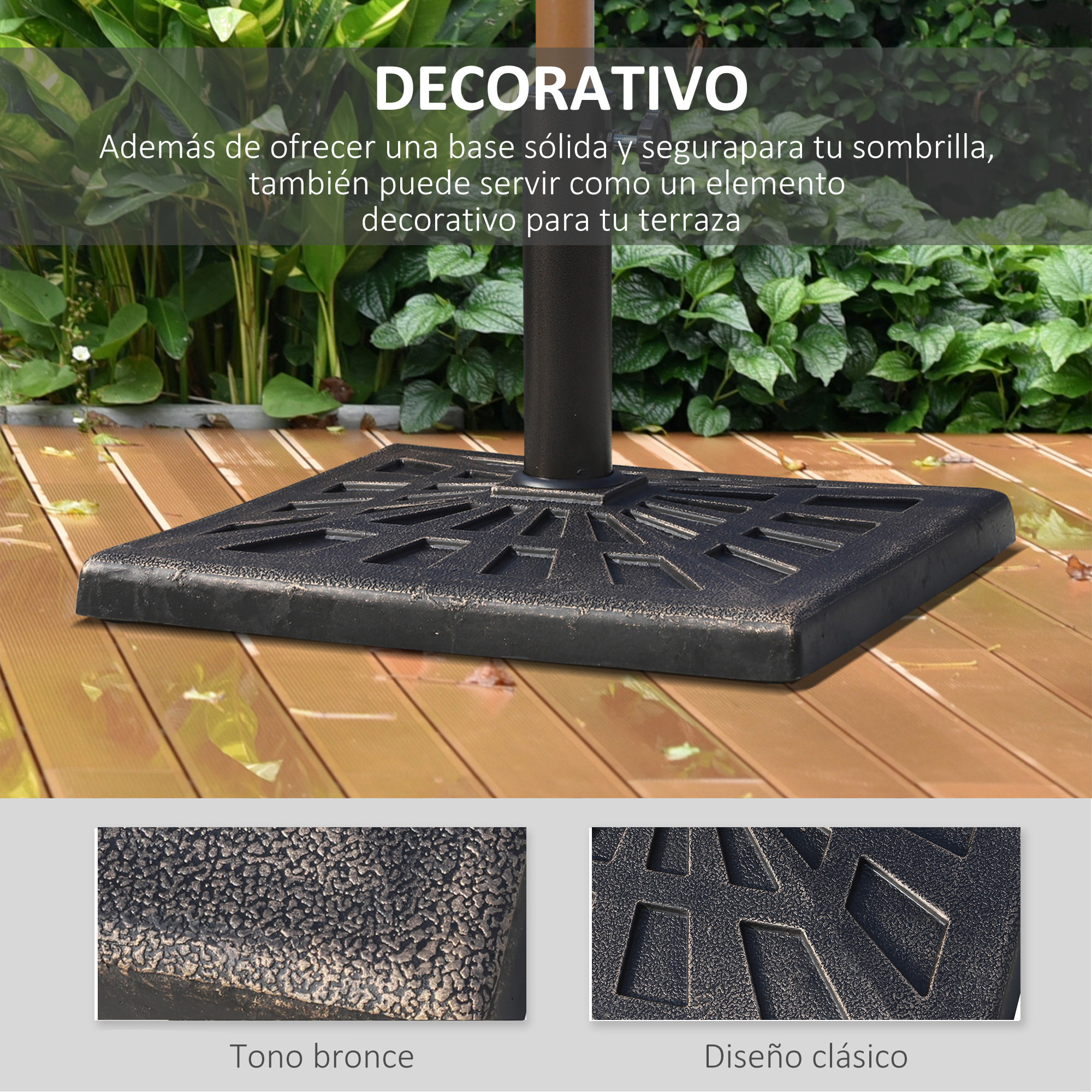 Base de Sombrilla Peso 15 kg Soporte para Parasol de Resina para Mástiles de Ø3,8 cm y Ø4,8 cm para Terraza Patio Jardín Playa 47x47x32 cm Bronce
