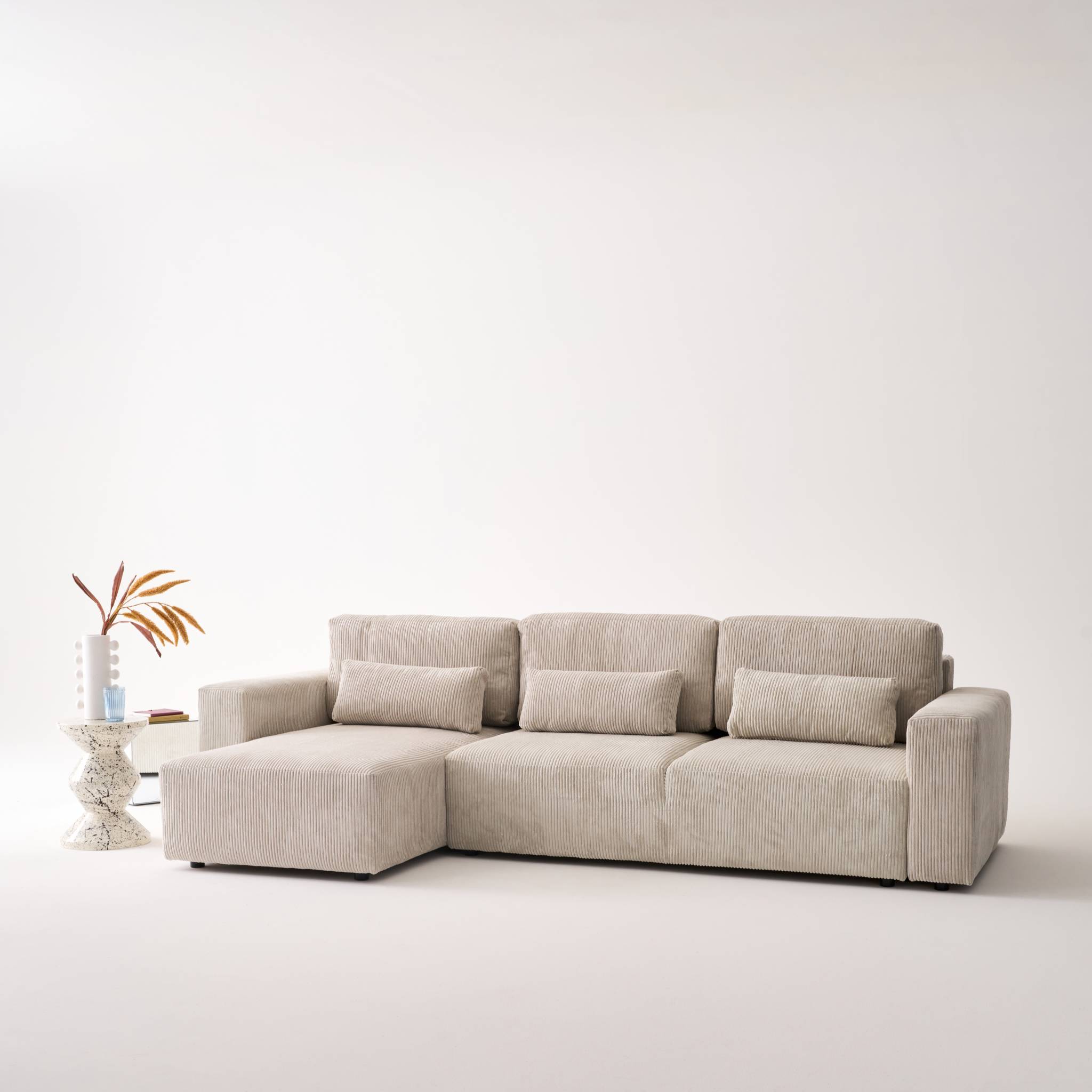 Canapé d'angle convertible réversible 5 places velours côtelé greige avec coffre de rangement - Theo