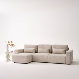 Canapé d'angle convertible réversible 5 places velours côtelé greige avec coffre de rangement - Theo