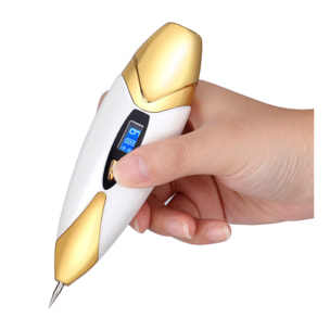 Penna elettrica per rimuovere le imperfezioni della pelle (nevi, macchie, verruche, lentiggini, ecc.). Con batteria ricaricabile e 9 livelli di intensità. Include 10 aghi sottili e 1 grosso.