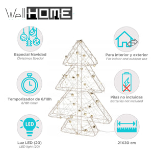 árbol navideño metálico dorado con 20 luces led blancas cálidad 21x4x30cm
