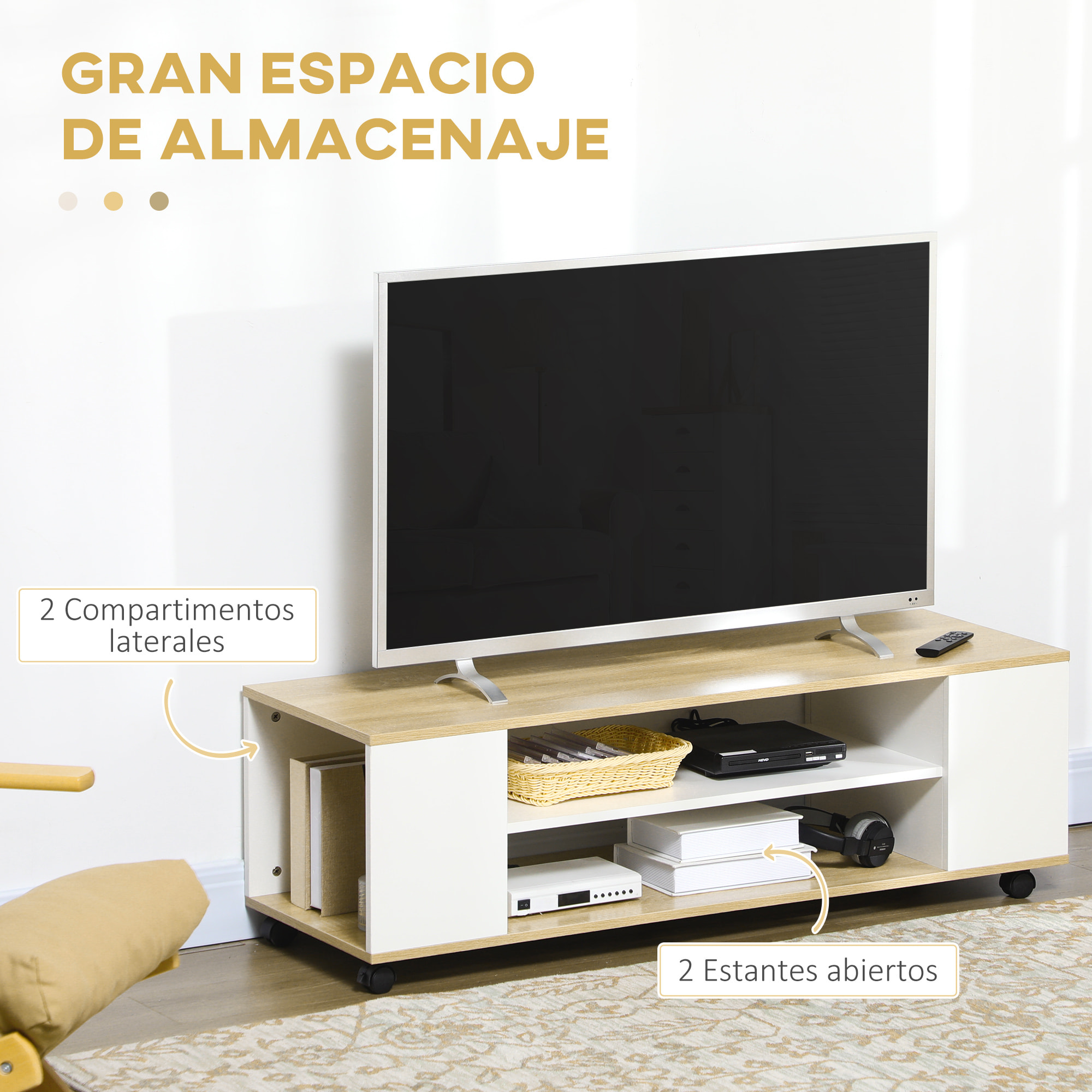 Mueble de TV con Ruedas Mesa para TV Flotante con 2 Puertas y 2 Estantes de Almacenamiento para Televisores de hasta 55 Pulgadas para Dormitorio 120x40x38,5 cm Blanco