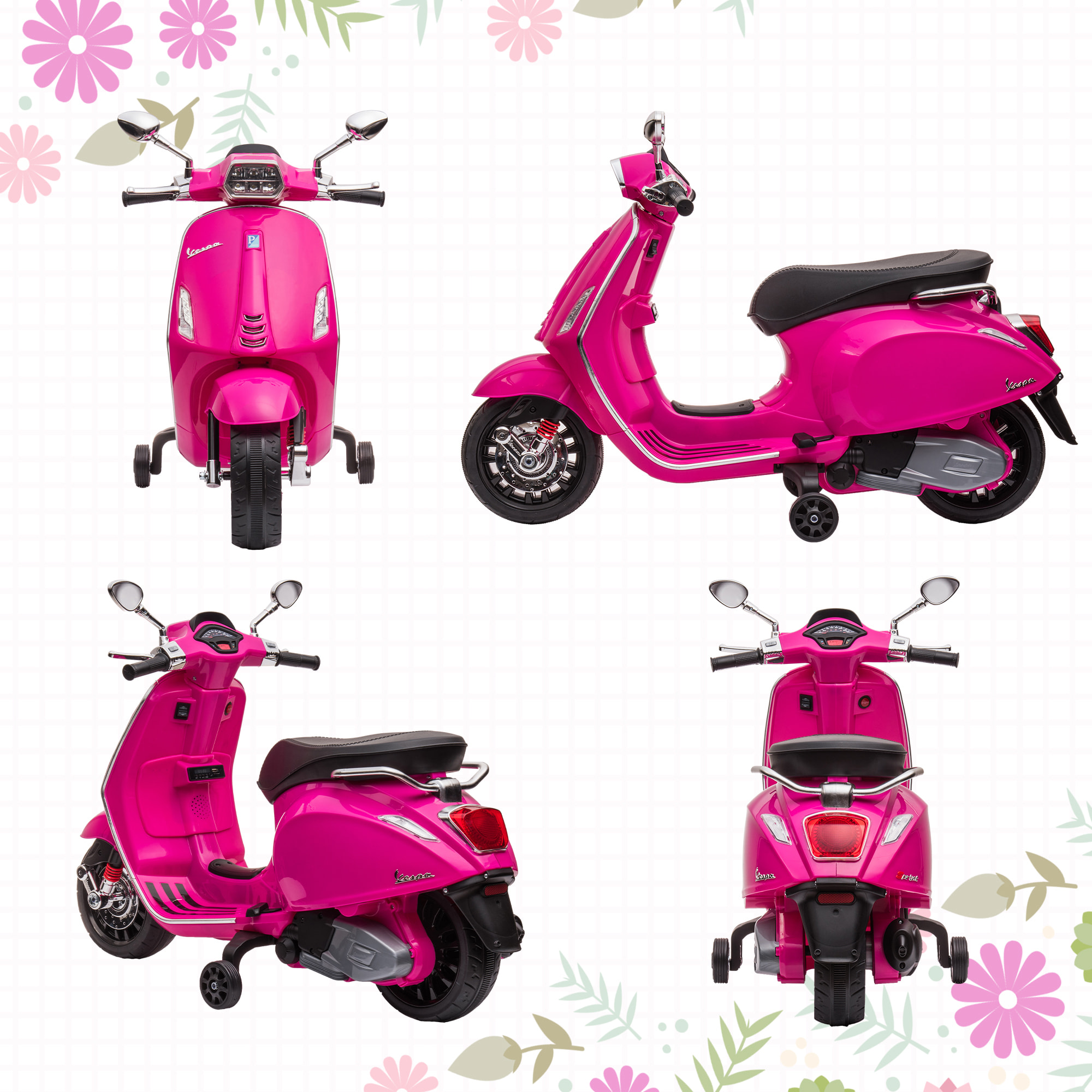 Moto Eléctrica para Niños de +3 Años con Licencia Vespa Moto de Batería para Niños 6V con USB MP3 Luz LED Radio FM Velocidad 3 km/h Carga 35 kg Rosa