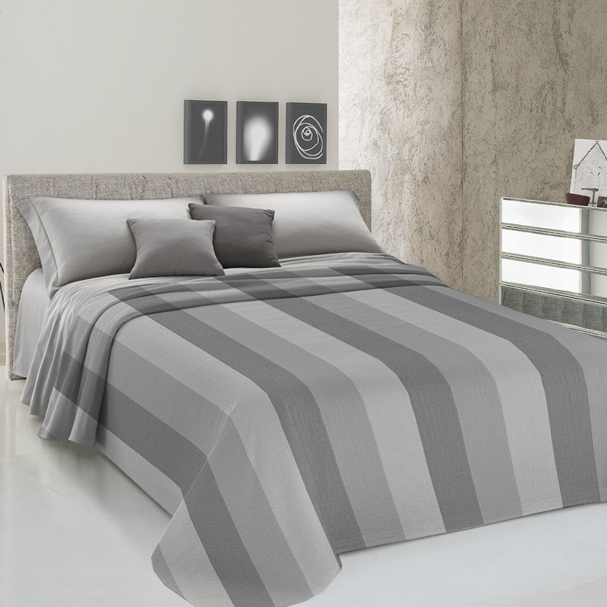 Copriletto copritutto tinto in filo fasciato grigio 100% cotone riciclato