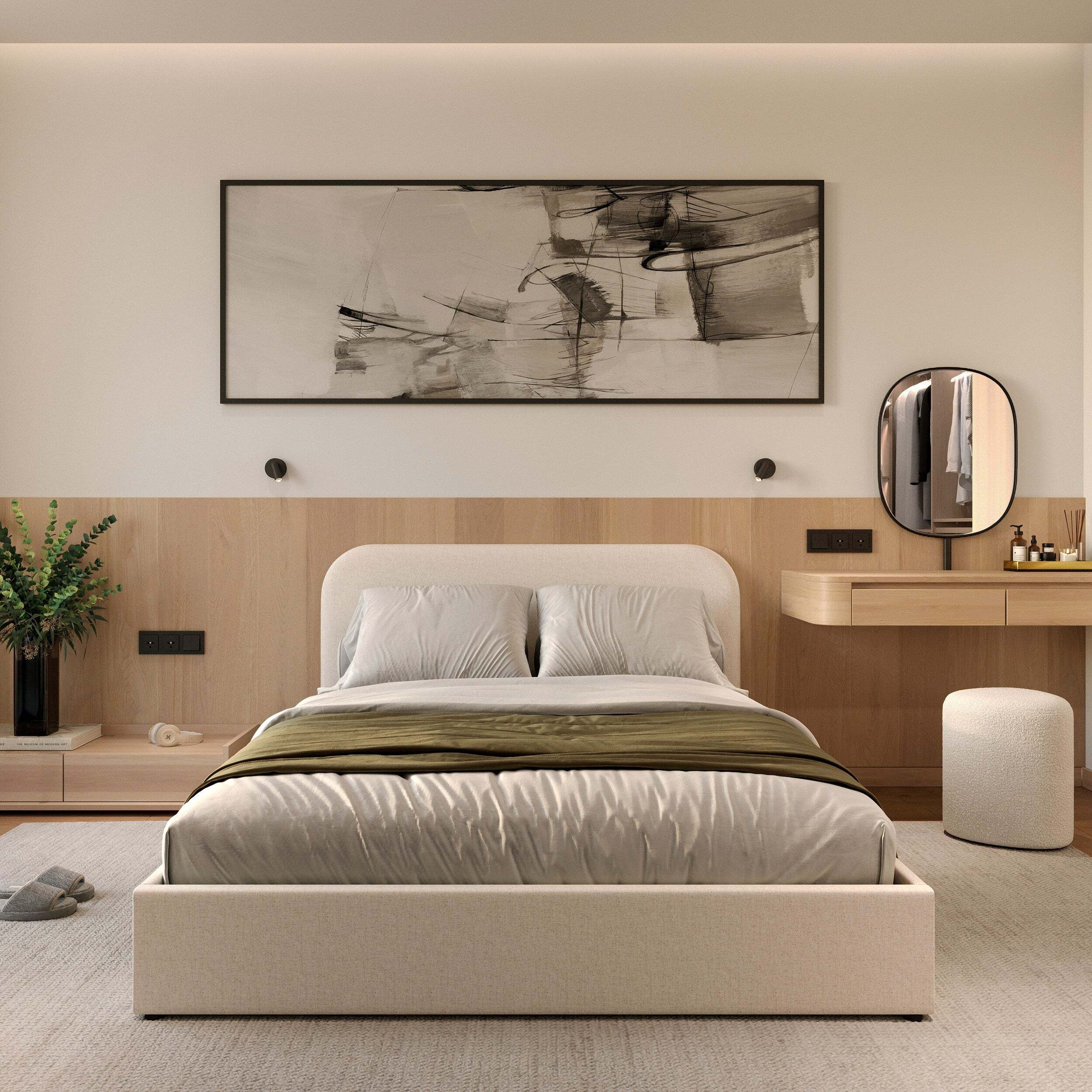 Lit double avec coffre 140x190 cm en tissu gris/beige - Tilly