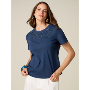 Oltre - T-shirt in cotone con ricamo traforato - Blu
