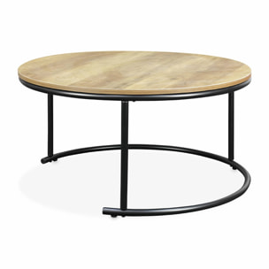 Lot de 2 tables gigognes rondes métal noir. décor bois - Loft - encastrables. 1x Ø77 x H 40cm / x1 Ø57 x H 35cm