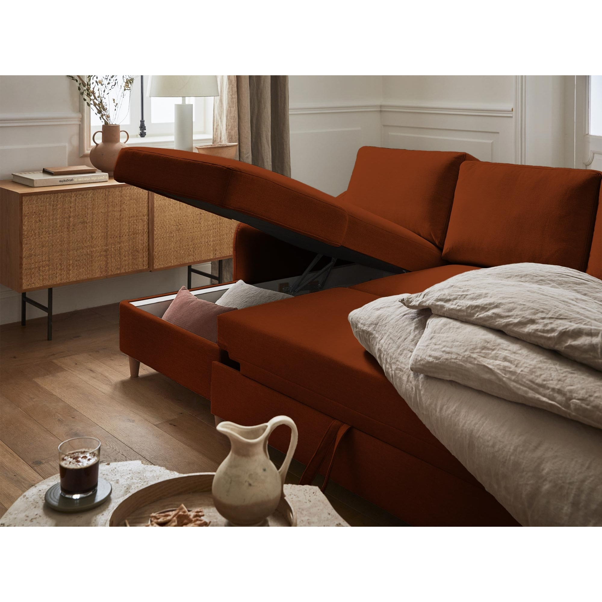 Will - canapé panoramique en U - 7 places - convertible avec coffre - en tissu - Rouille