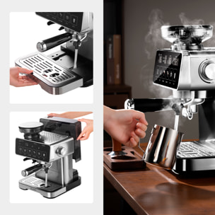 Cafetera de 1150W con 22 niveles de molido de 120W y sistema dual para café frío o caliente. Pantalla táctil, varilla de vapor, 20 bar de presión y tanque de 2L.