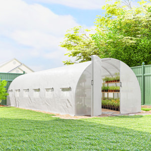Serre tunnel de jardin 24 m² porte 12 fenêtres acier PE blanc