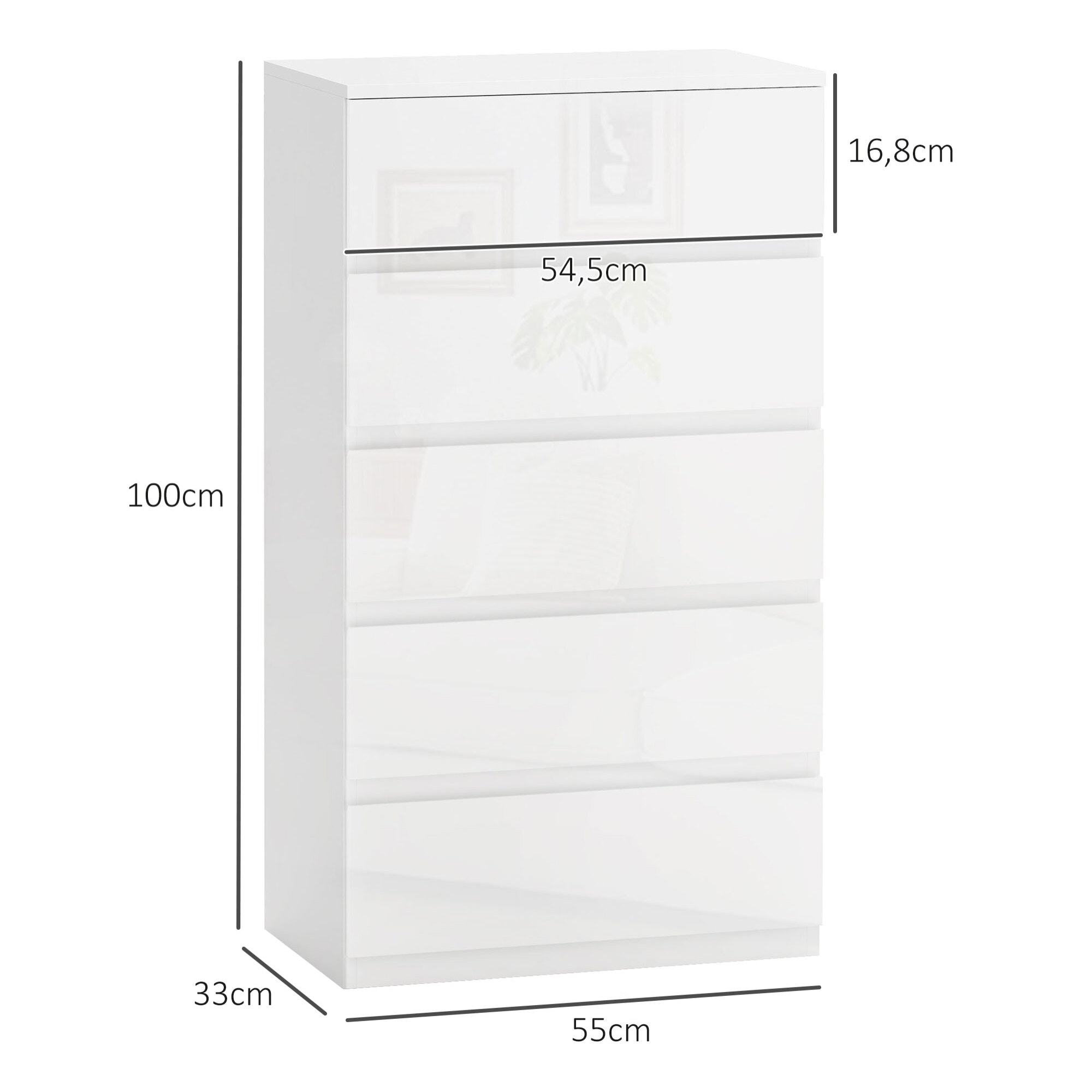 Cómoda con 5 Cajones Cómoda de Dormitorio Moderno con Diseño Anti-vuelco Cajonera para Salón Pasillo 55x33x100 cm Blanco Brillante