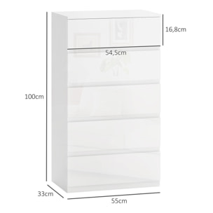 Cómoda con 5 Cajones Cómoda de Dormitorio Moderno con Diseño Anti-vuelco Cajonera para Salón Pasillo 55x33x100 cm Blanco Brillante
