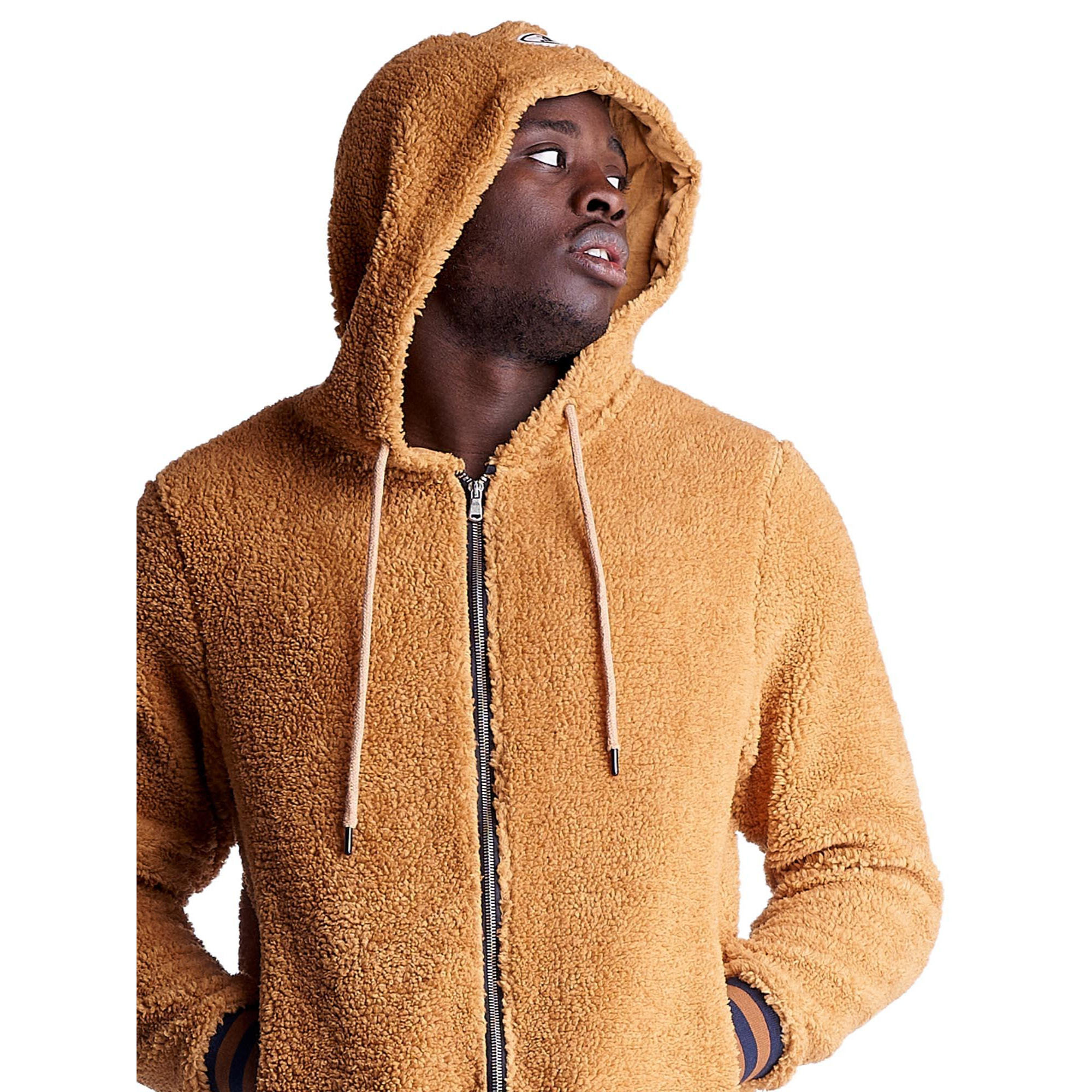 Chaqueta sherpa con capucha en tonos tierra para hombre