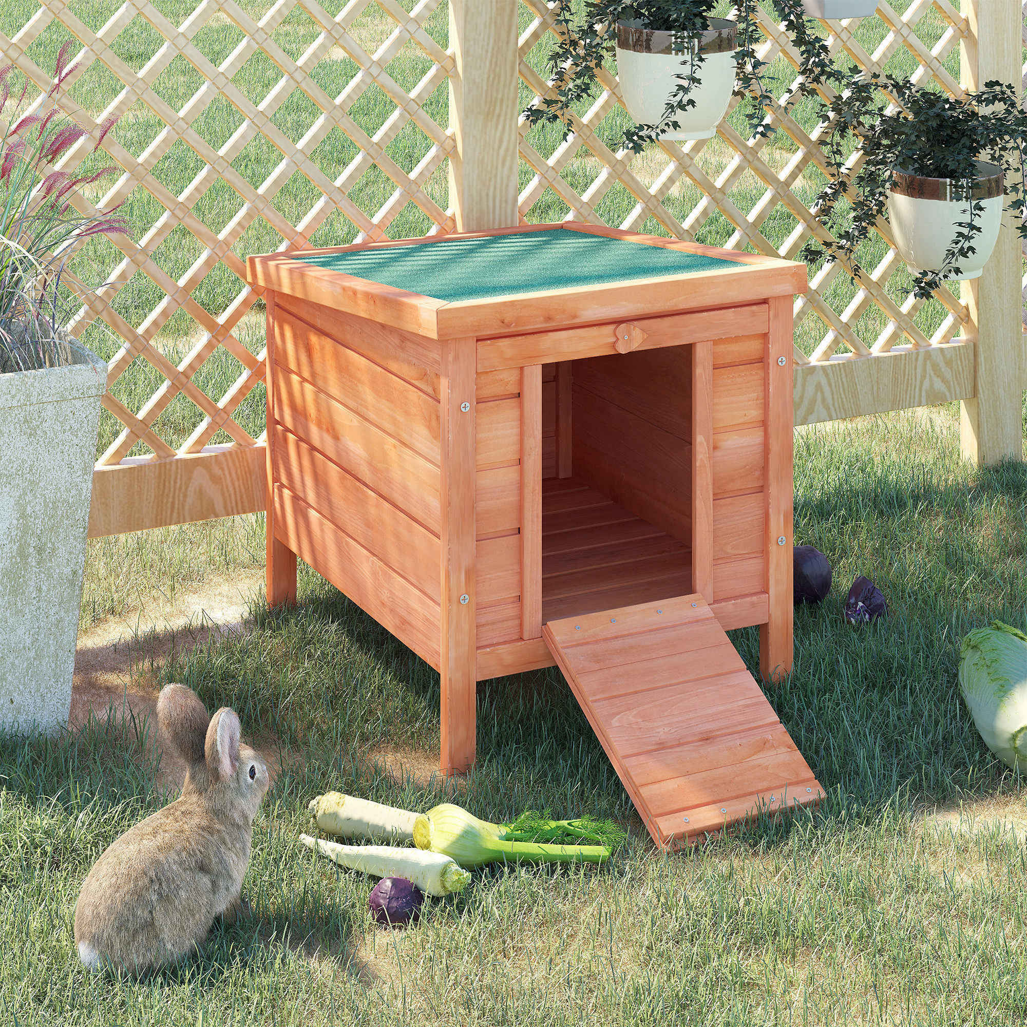 Clapier de sol niche enclos pour lapin porte rampe verrouillable 2 en 1 toit ouvrant bitumé bois sapin pré-huilé