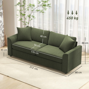 Sofá de 3 Plazas Sofá de Salón 212x80x88 cm Tapizado en Pana con 2 Almohadas Reposabrazos y Cojín de Muelles Diseño Moderno para Sala de Estar Dormitorio Verde