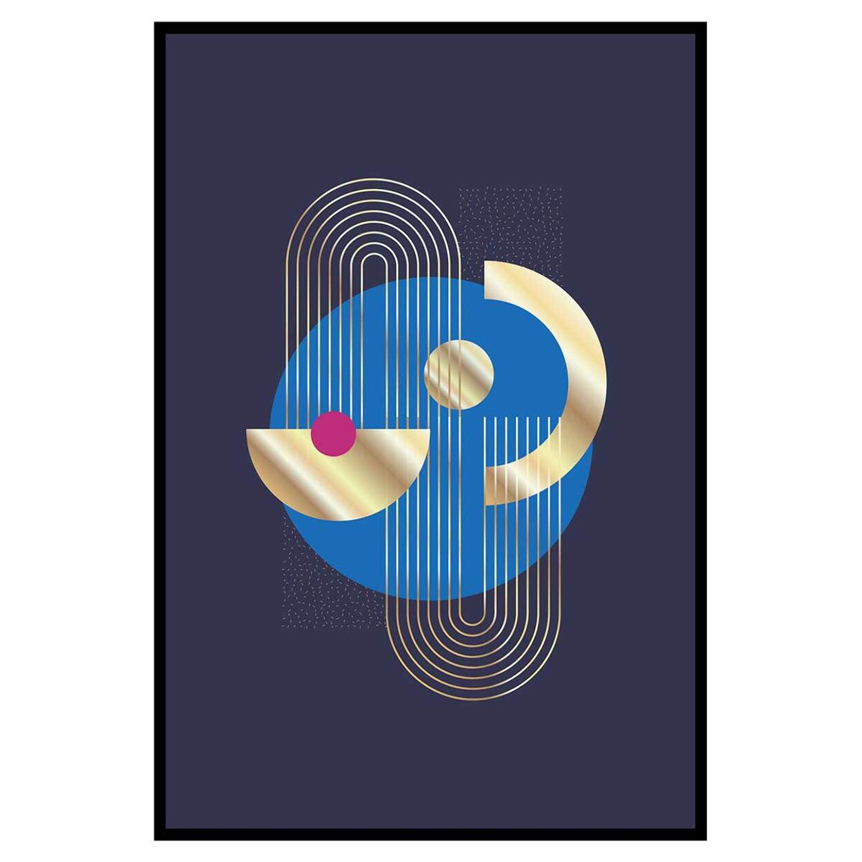 Affiche abstraite géométrique moderne fond bleu et doré Affiche + cadre en métal - Noir