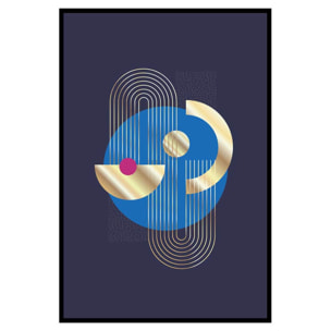 Affiche abstraite géométrique moderne fond bleu et doré Affiche + cadre en métal - Noir