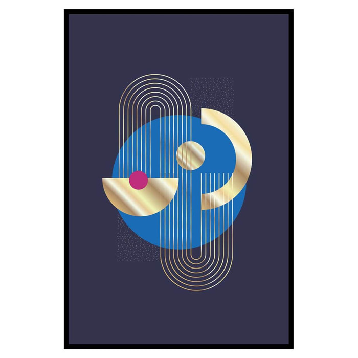 Affiche abstraite géométrique moderne fond bleu et doré Affiche + cadre en métal - Noir