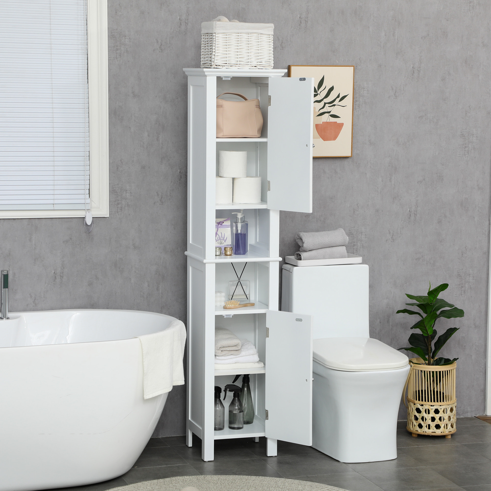 Meuble colonne de salle de bain 2 portes 2 étagères 2 niches - dim. 35L x 30l x 158H cm - MDF blanc