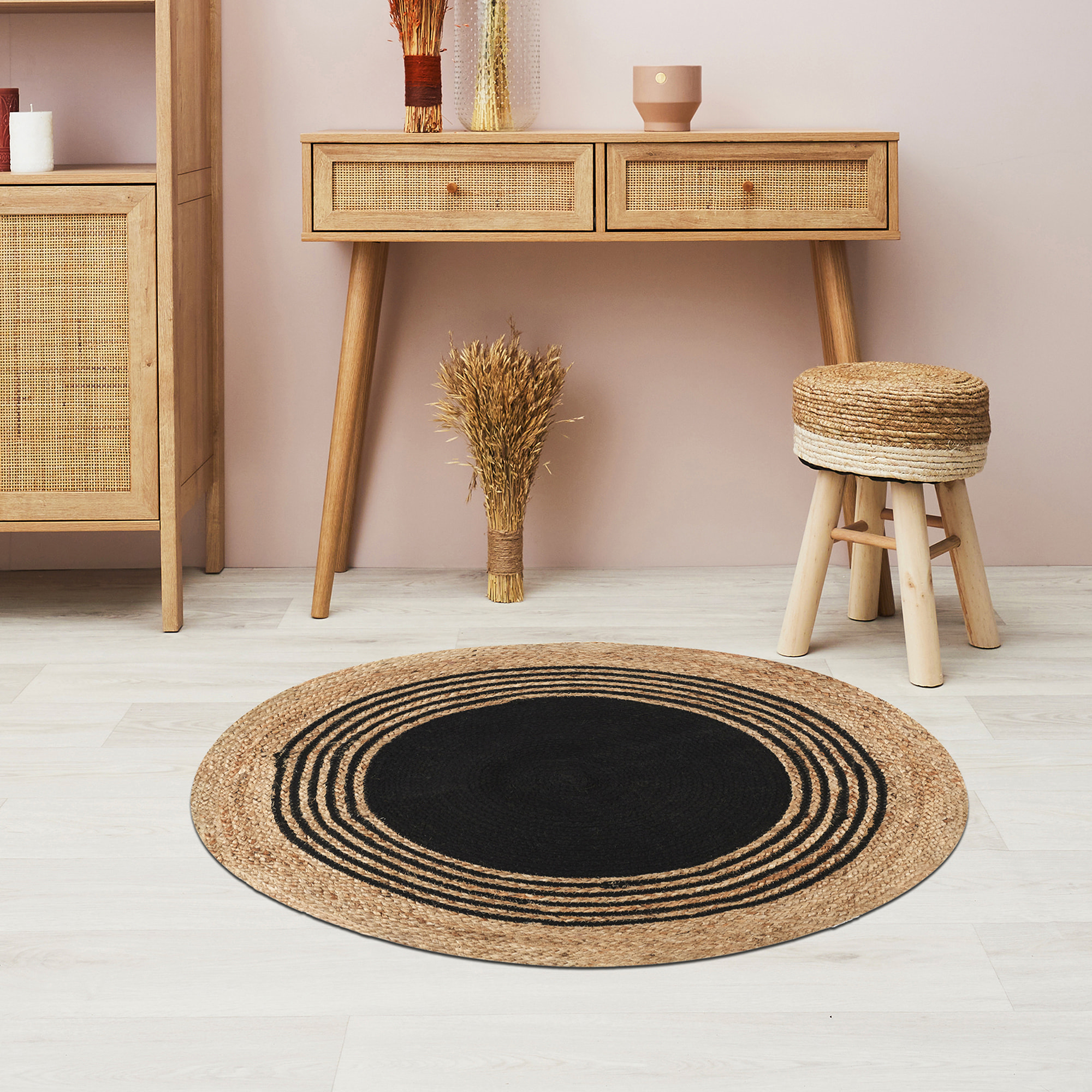 Tapis Rond Jute Coton Noir 90cm