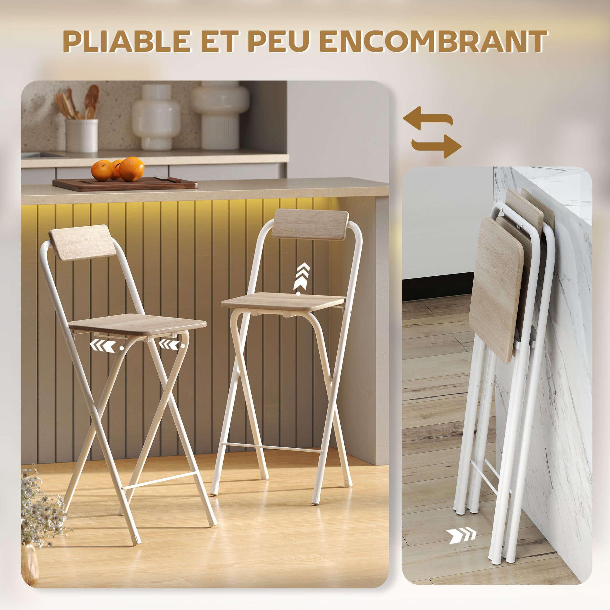 Lot de 2 tabourets de bar pliants avec dossier et repose-pieds acier blanc effet bois clair