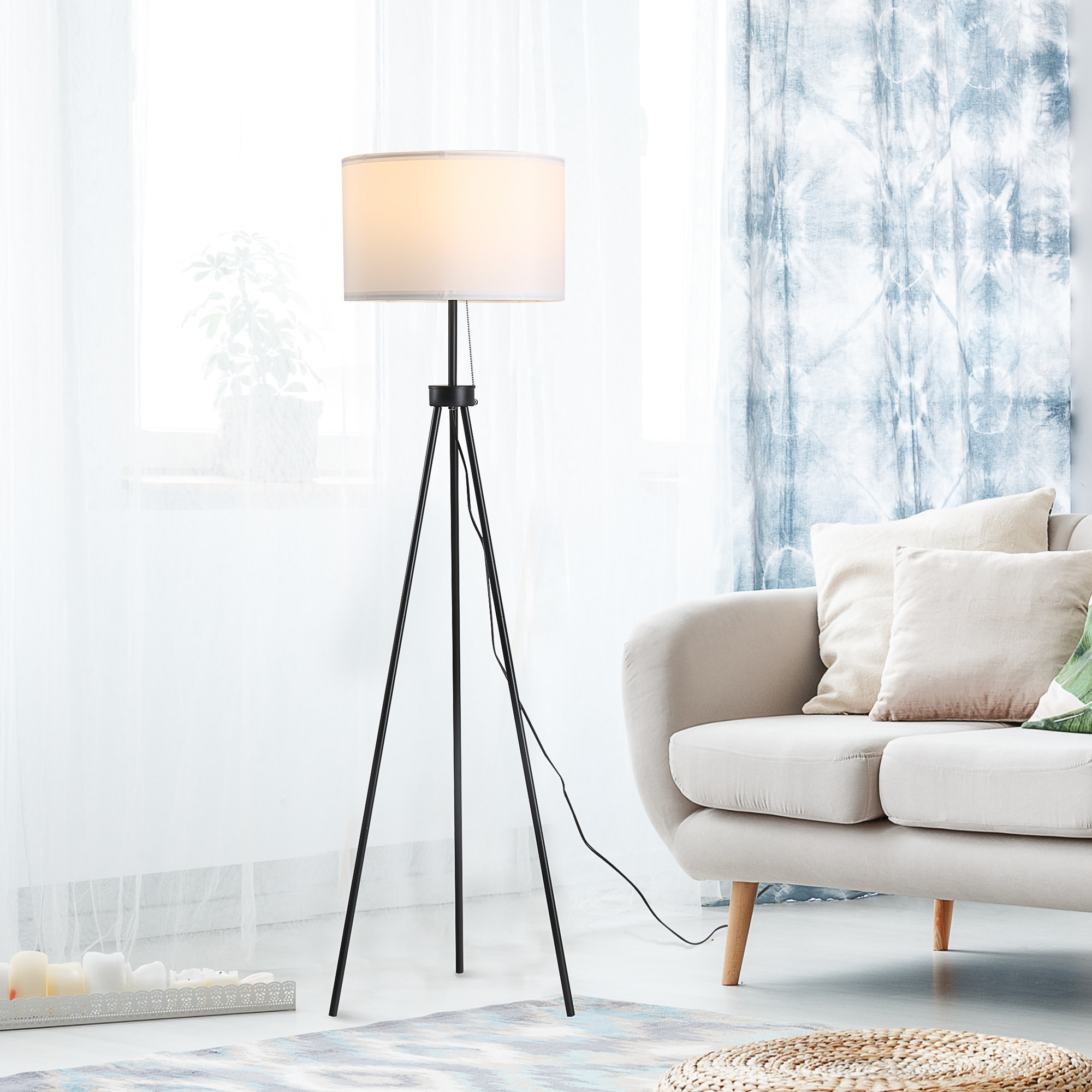 Lámpara de Pie Moderna Lámpara de Pie Salón con Pantalla Redonda Trípode y Casquillo E27 Lámpara para Dormitorio Sala de Estar Blanco y Negro