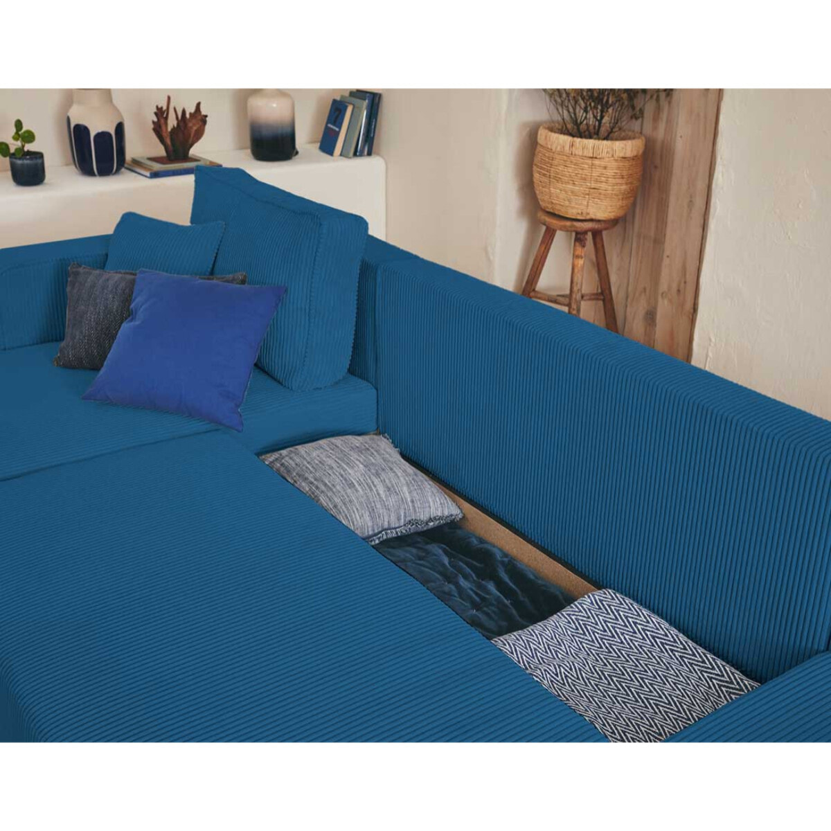 Topaze - canapé panoramique en U - 7 places - convertible avec coffre - en velours côtelé - Bleu Ardoise