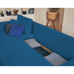 Topaze - canapé panoramique en U - 7 places - convertible avec coffre - en velours côtelé - Bleu Ardoise