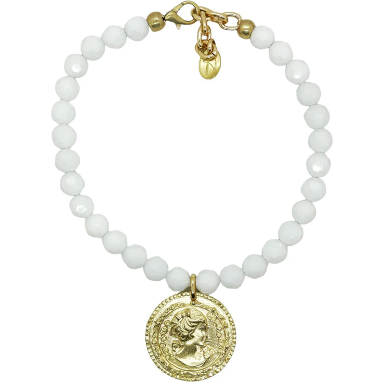 Collar cristal blanco y moneda GD en dorado