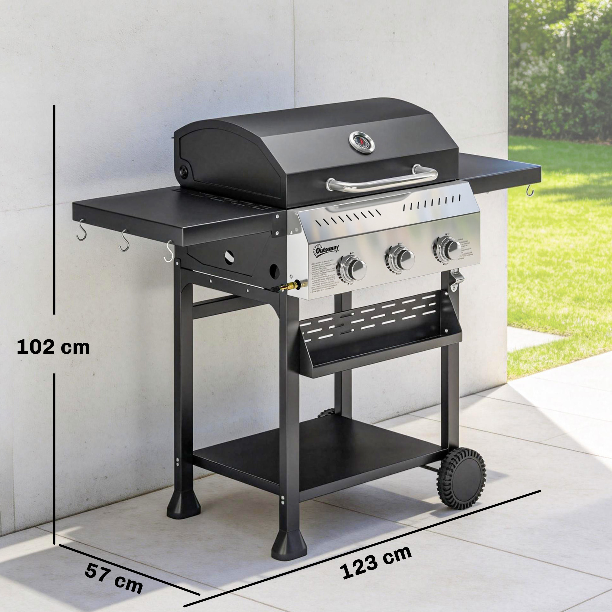 Barbacoa de Gas BBQ Gas con 3 Quemadores 9 kW Barbacoa Portátil con Termómetro Mesas Laterales Plegables Estante Rejilla Calentadora Especiero Parrilla Recogedor Grasa 2 Ruedas Ganchos Negro