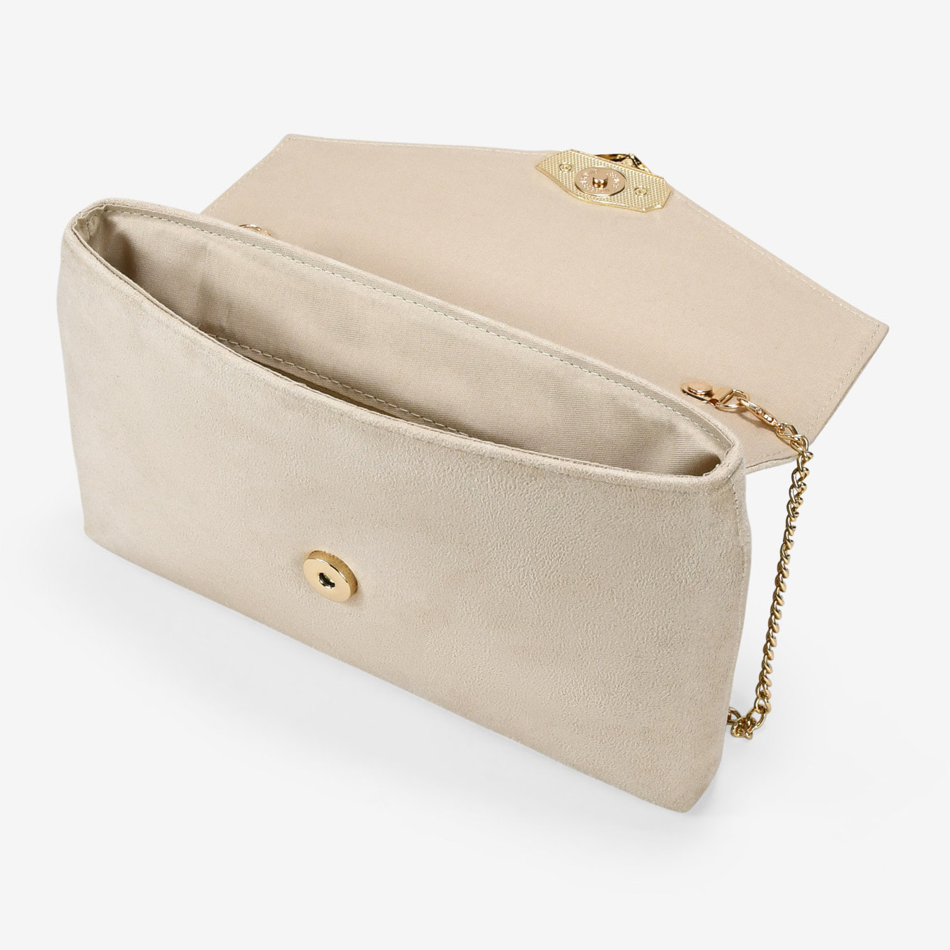 Bolso de mano beige con broche dorado
