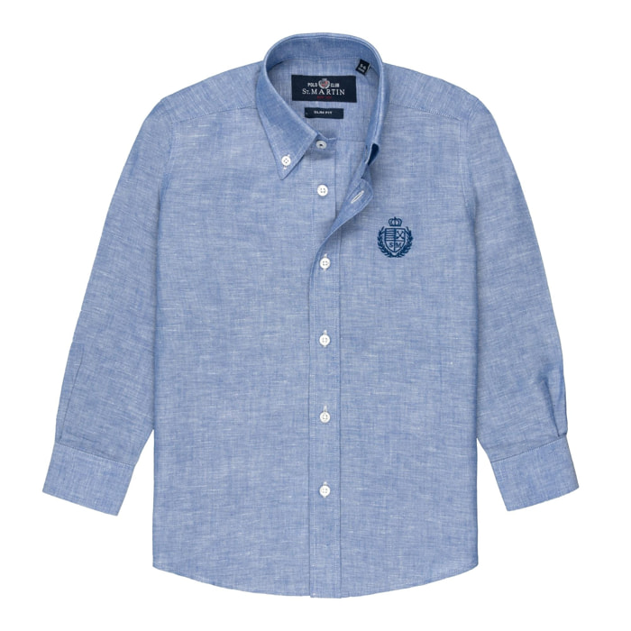Camicia lino button down con ricamo logo Polo Club St Martin Blu