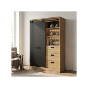 Buffet haut avec LED en bois effet chêne et noir - FACTORY
