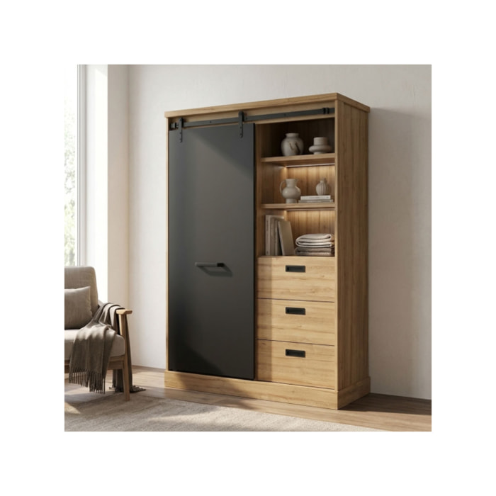 Buffet haut avec LED en bois effet chêne et noir - FACTORY