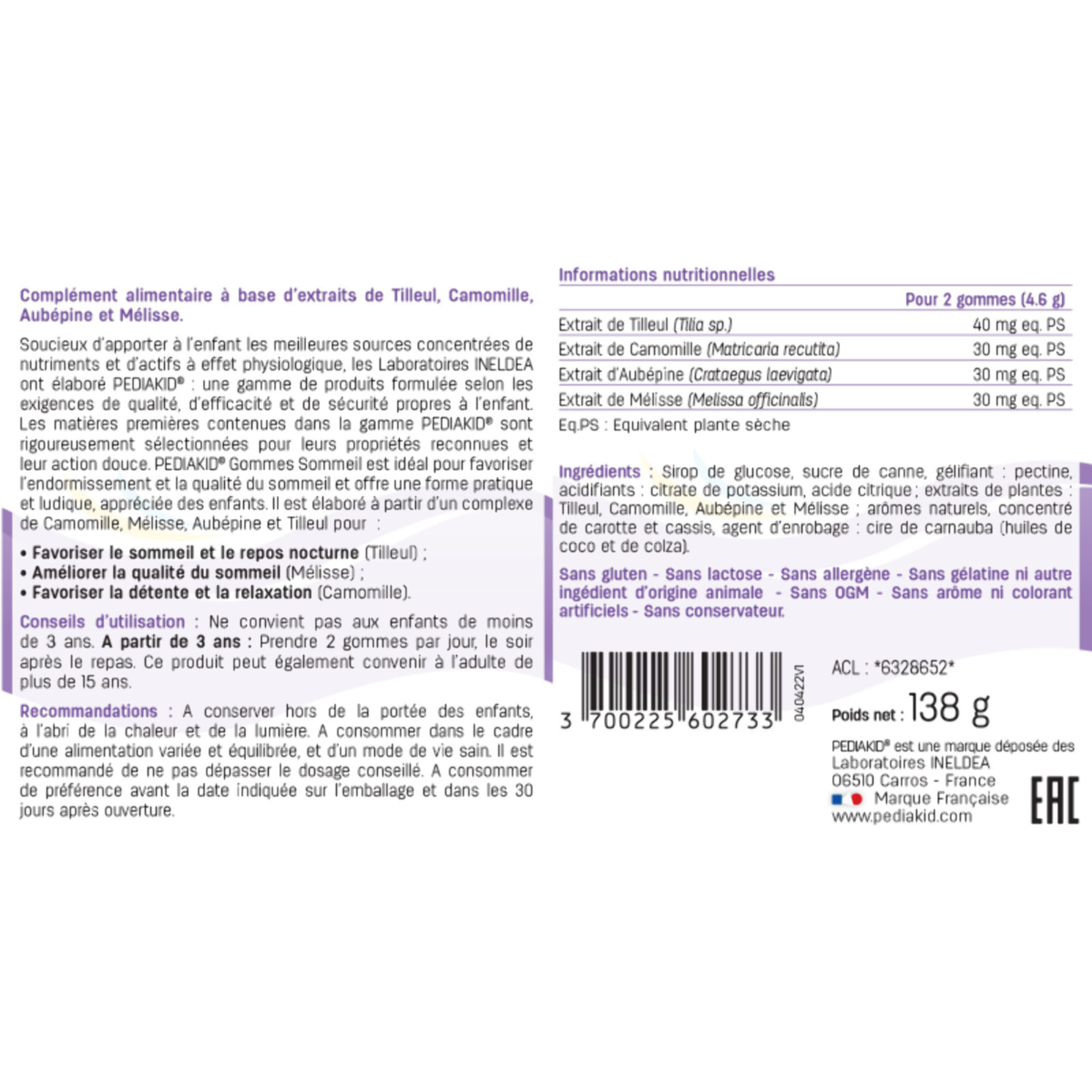 PEDIAKID - Gommes Sommeil - Complément alimentaire - Tilleul, Aubépine, Camomille & Mélisse - Facilite l'endormissement - Favorise un sommeil de meilleure qualité - Sans gélatine - 60 gommes