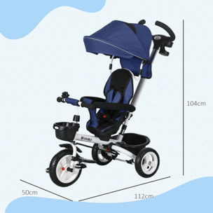 Triciclo para Bebés Plegable Triciclo Evolutivo 2 en 1 para Niños de 12-60 Meses con Toldo Plegable Mango de Empuje Telescópico Reposapiés Cinturón de Seguridad y Cestas Azul