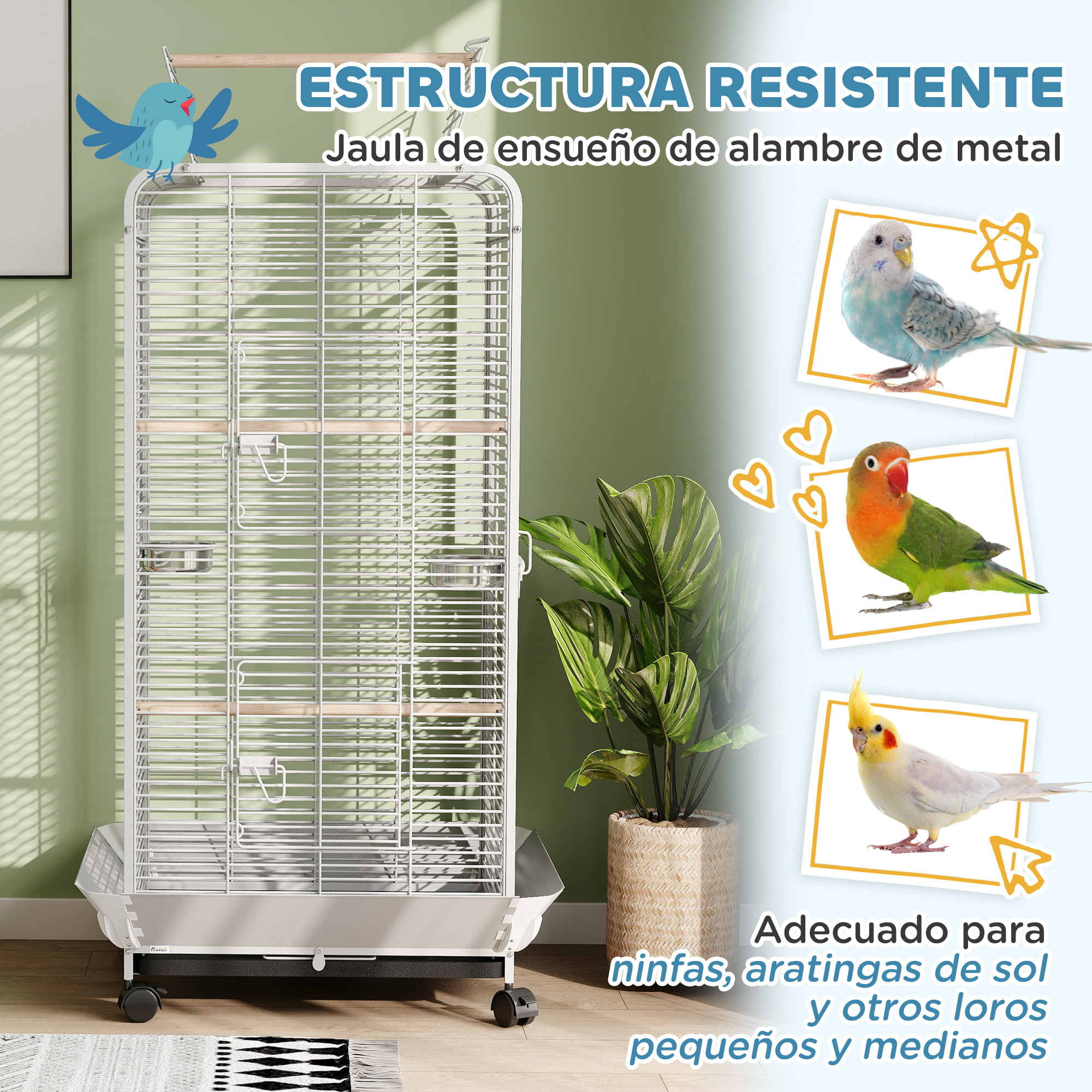 Jaula para Pájaros Jaula para Loros con Ruedas Perchas Comederos y Bandeja Extraíble Pajarera para Cacatúas Cotorras 79x73x146 cm Gris Claro
