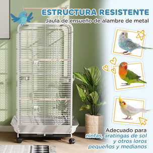 Jaula para Pájaros Jaula para Loros con Ruedas Perchas Comederos y Bandeja Extraíble Pajarera para Cacatúas Cotorras 79x73x146 cm Gris Claro