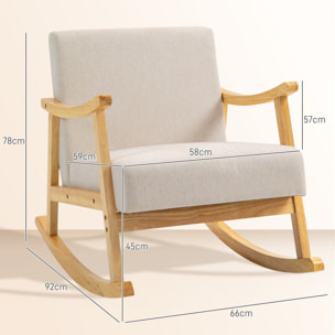 Fauteuil lounge à bascule rocking chair piètement structure bois hévéa épais coussins beige