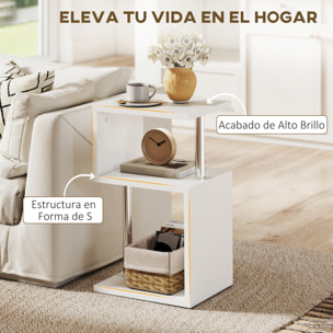 Mesa Auxiliar con Luz LED de 3 Niveles Mesita Auxiliar Moderno con Forma de S Estantes Abiertos y Estructura de Aluminio para Salón Dormitorio 44x38x75 cm Blanco Brillo