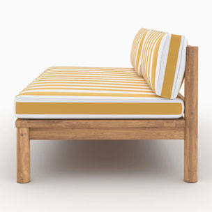 Canapé de jardin en teck massif et coussins rayés jaunes 2 places - Nadila