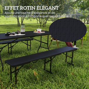 Ensemble table 2 bancs pliables avec poignées - usage pique-nique camping - métal époxy HDPE effet rotin noir