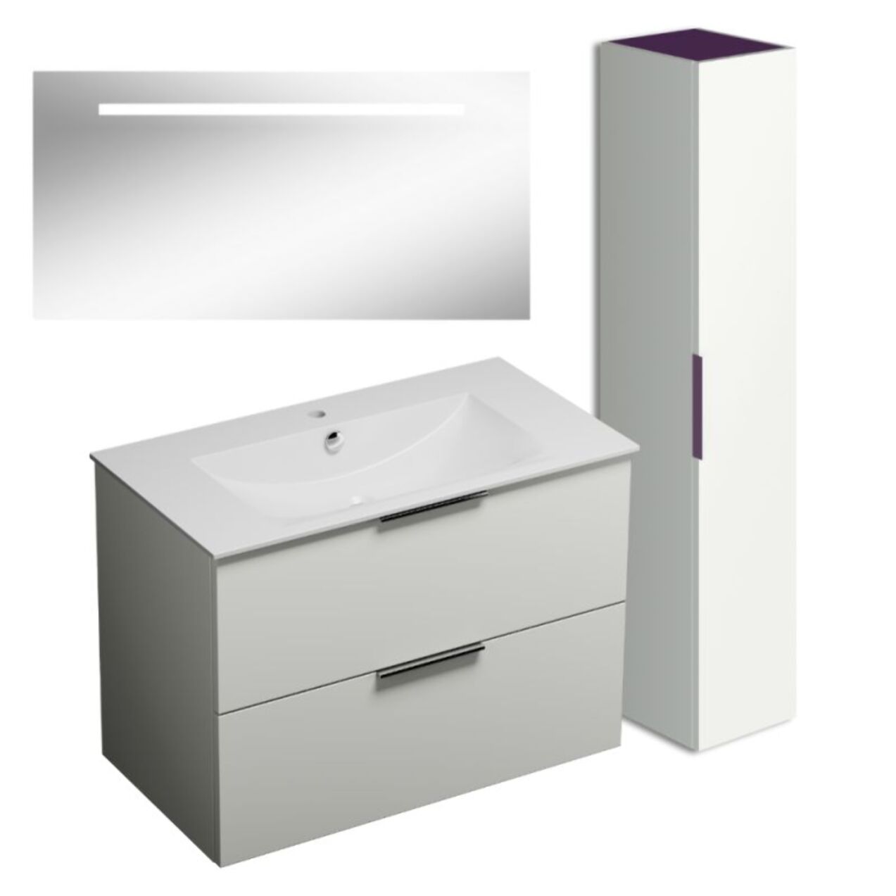 Meuble vasque 90 cm BURGBAD Olena blanc brillant + miroir + colonne de salle de bain