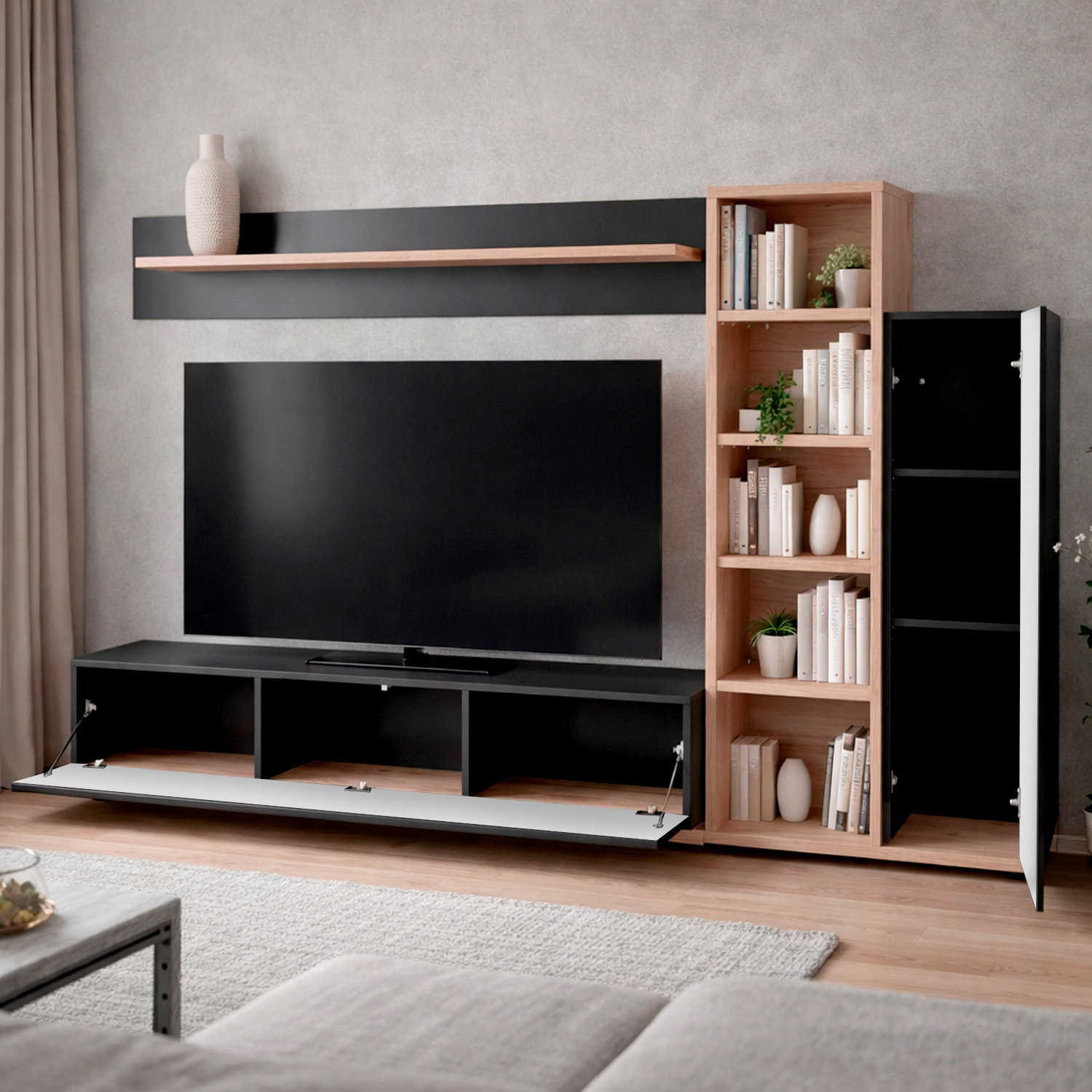 Parete Attrezzata Mobile TV Libreria Armadio Mensola Vani Multifunzione Design Contemporaneo Living Arredo Casa 240 x 40 x 127 Cm Nero E Rovere